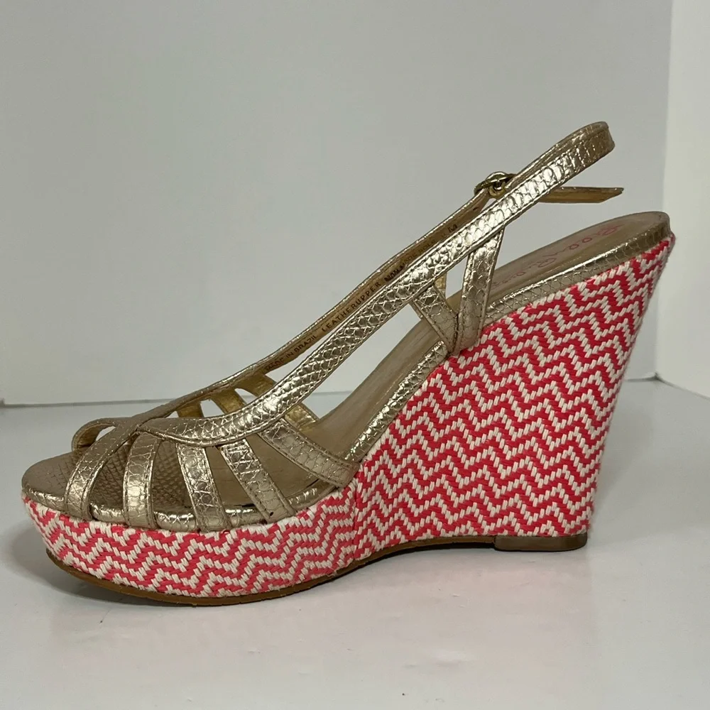 Lilly Pulitzer Sophie Pink and Gold Chevron Slingback Open Toe Strappy Wedges 6M